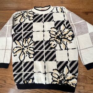 Vintage 90s Spunky Cream And Gray Plaid With Large Floral Print Knit Sweater